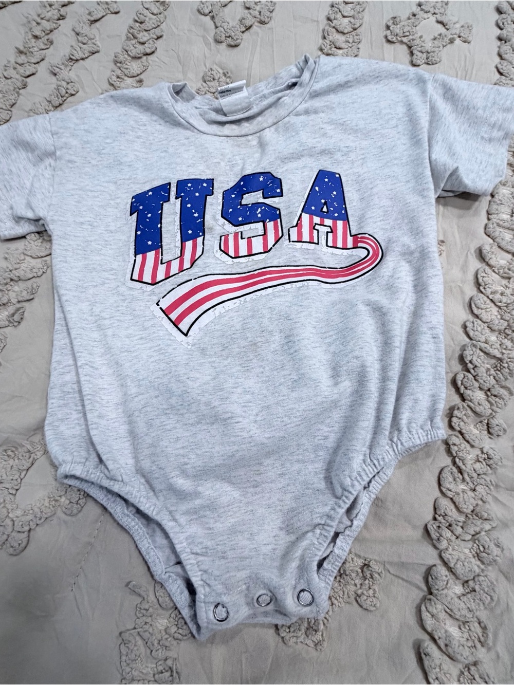 Just USA Gray Baby One-Piece Bodysuit with Red White and Blue USA Graphic